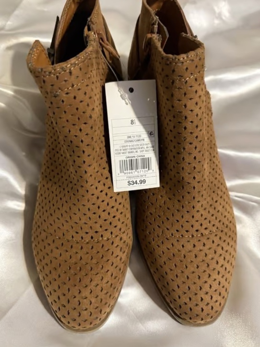 Perforated Tan Suede Ankle Booties with Side Zip